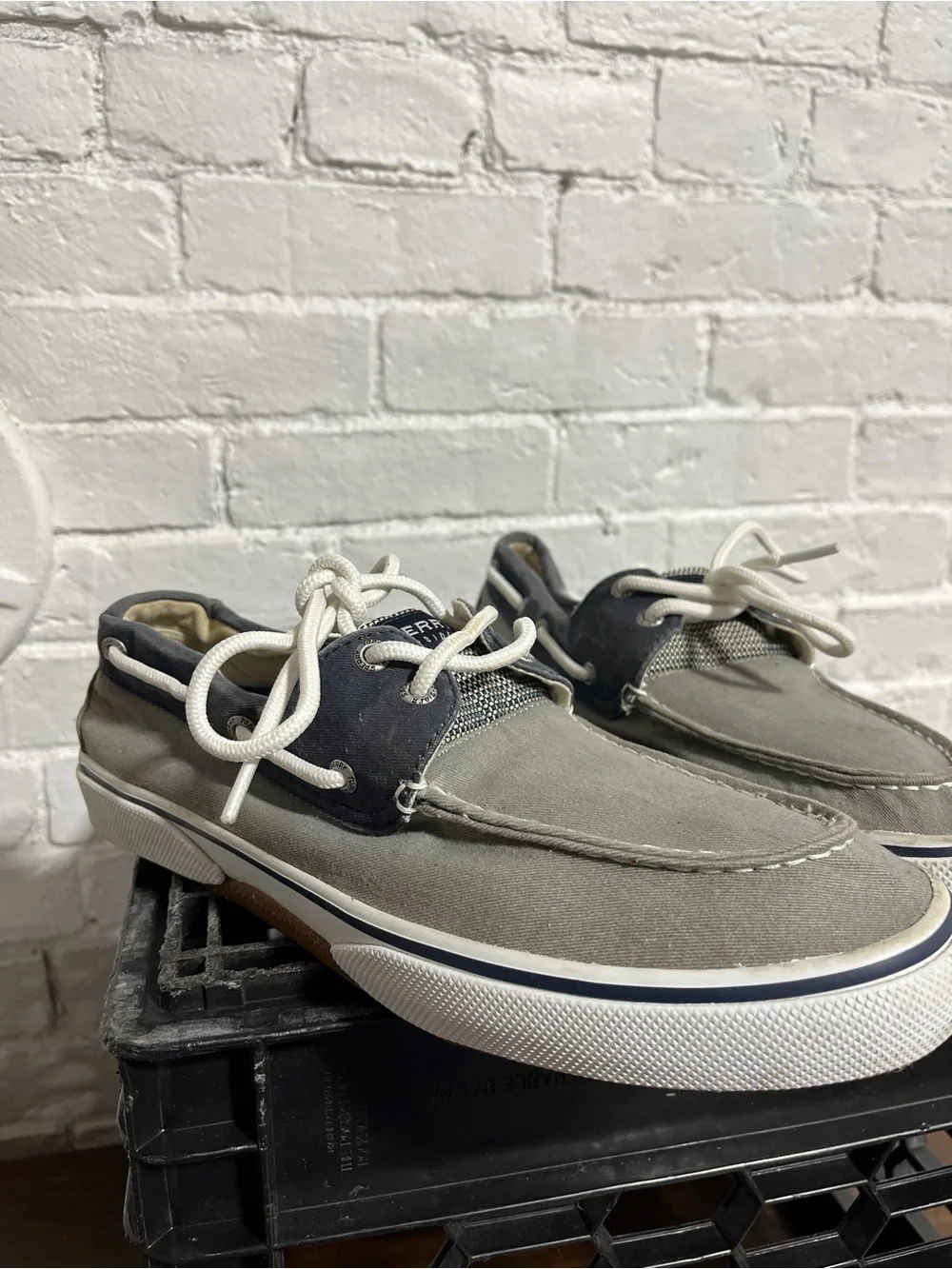 Sperry Gray and Navy Canvas Boat Shoes with White Laces